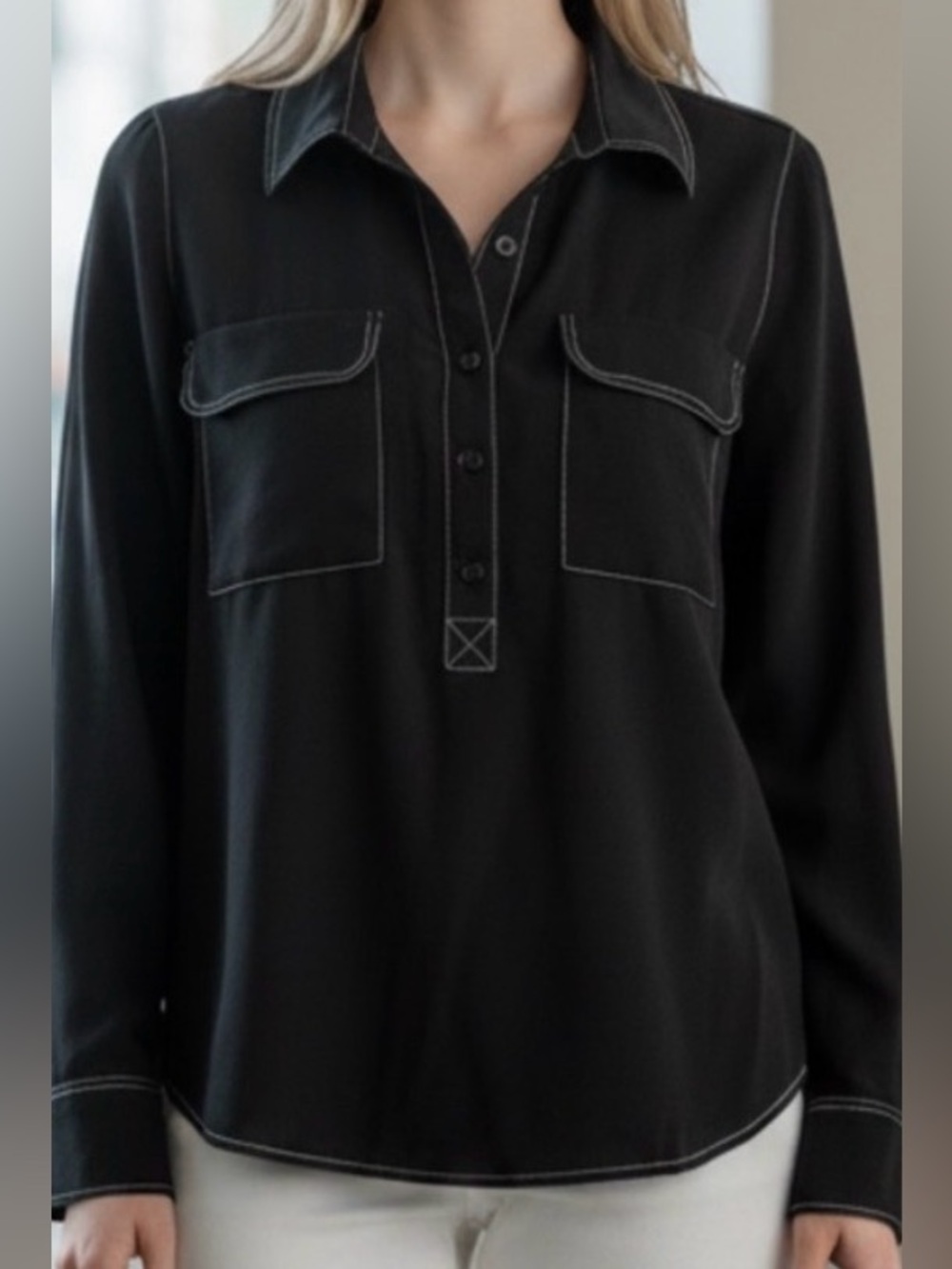 GO BY GO SILK Black Button-Front Long Sleeve Shirt